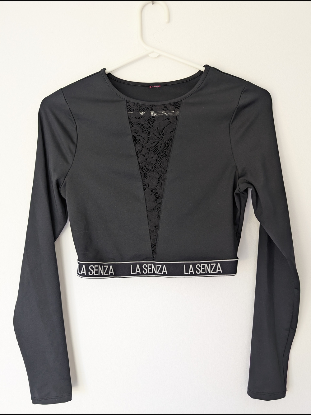 La Senza - Black Lace Inset Long-Sleeve Crop Top Stretch Bodycon Sz M